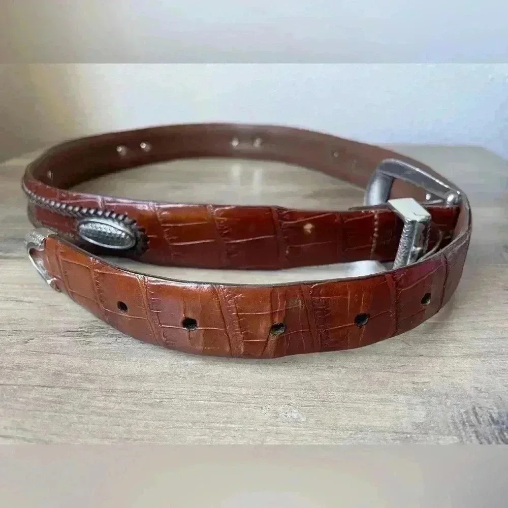 Vintage Cognac Croc-Embossed Leather Belt with Silver-Tone Buckle